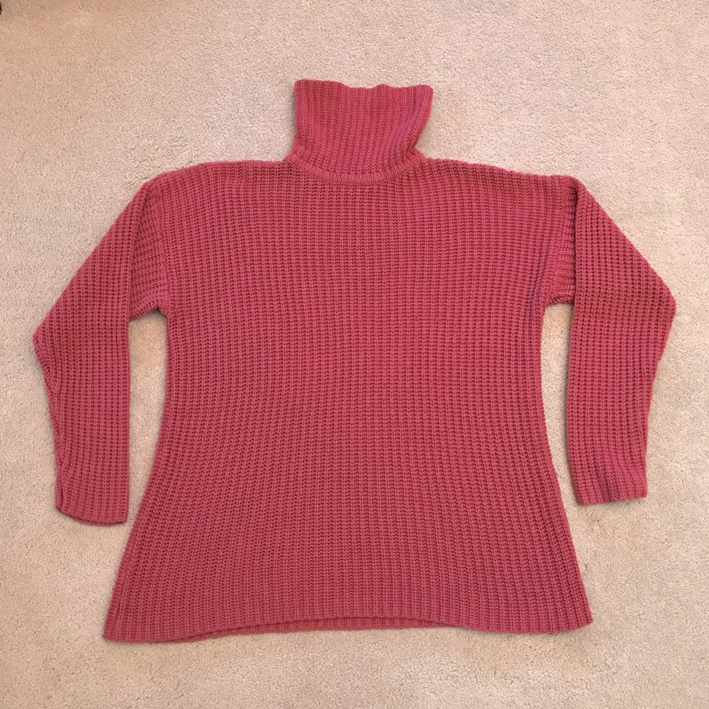 Vintage 80s Womens Oversized Turtleneck Tunic Sweater Size Large Mauve Pink